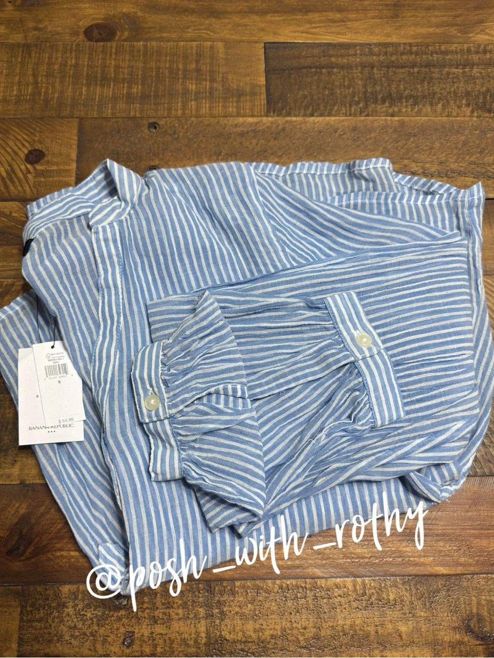 Banana Republic Blue & White Striped Peplum Button-Front Top, NWT - Picture 4 of 6